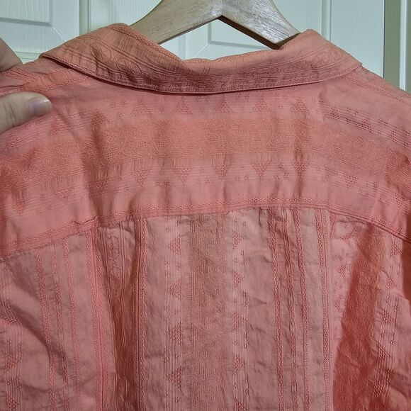 Coldwater Creek Women’s Shirt XL Peach Melon Textured Floral Stripes 3/4 Blouse - Picture 9 of 10